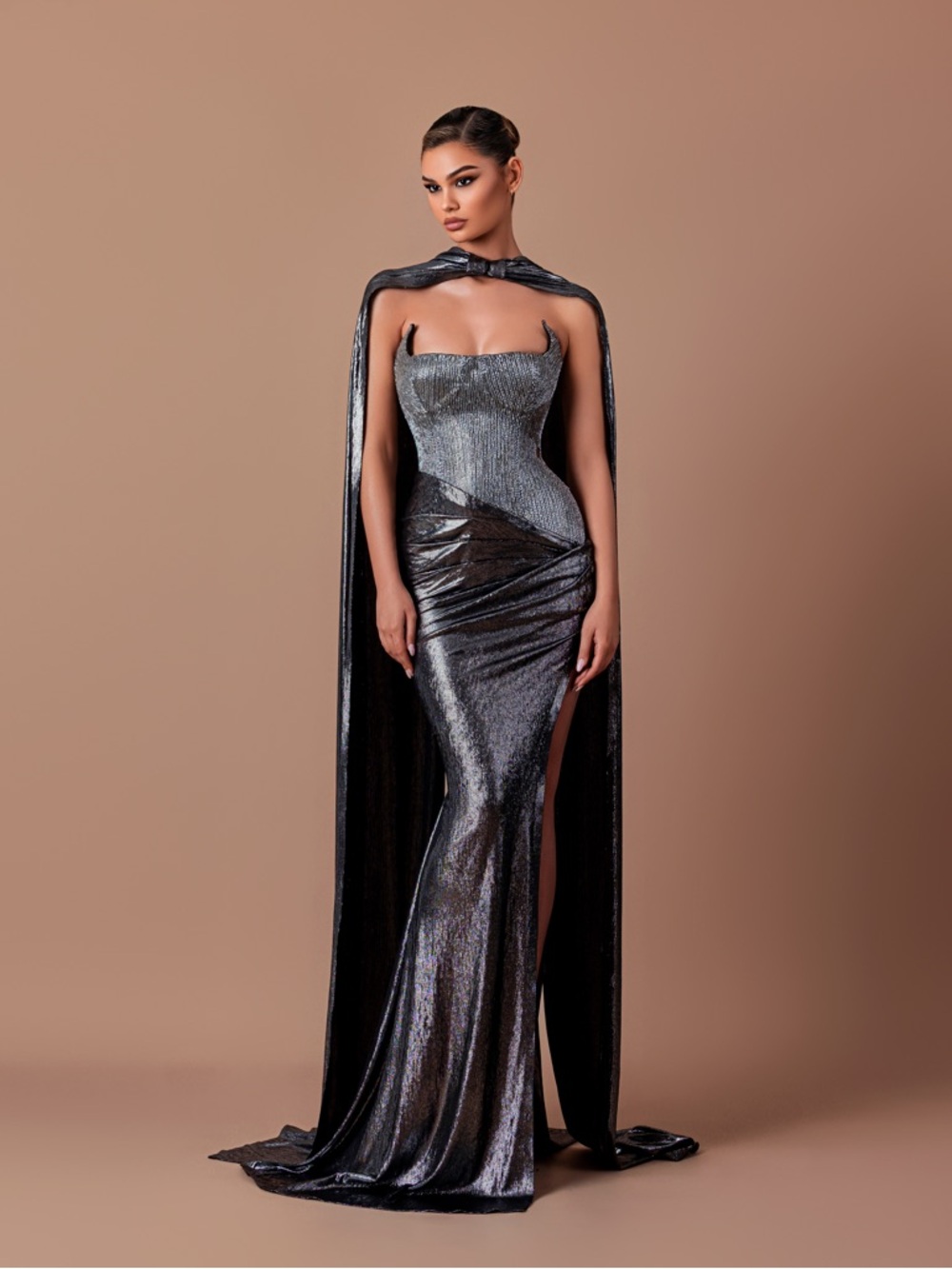Metallic Silver Strapless Corset Evening Gown